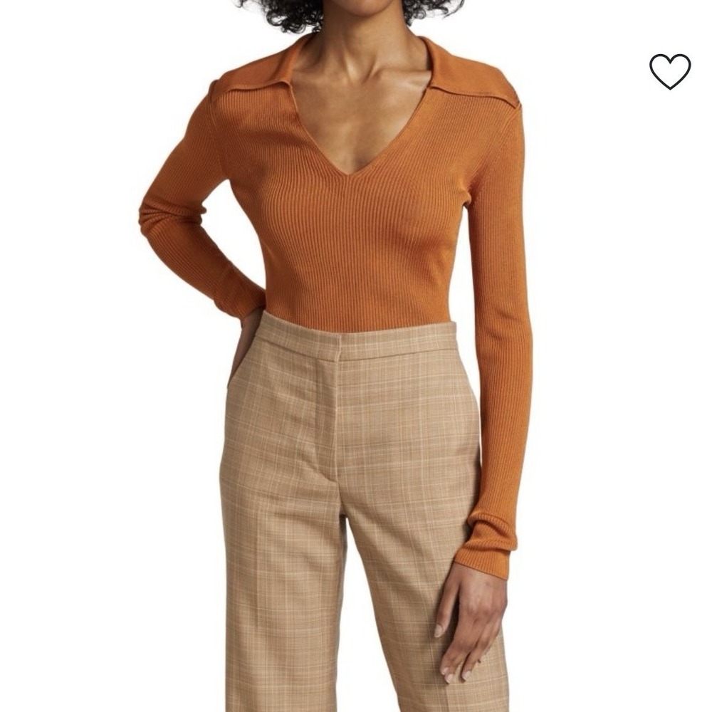 St. John NWT Ribbed Knit V-Neck Sweater Blouse Orange Sz Large Party Modern $495 - Picture 1 of 9